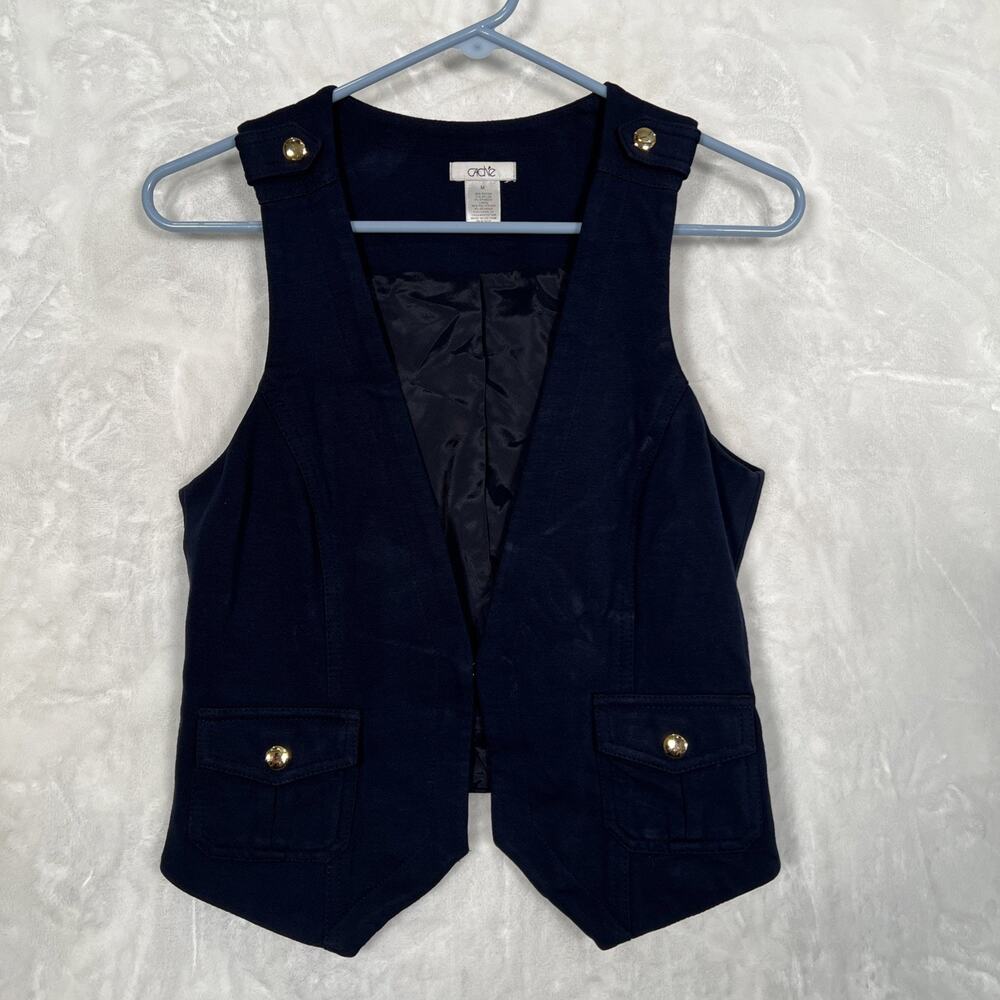CACHE Ponte Navy Blue Lined Vest w/Epaulets Gold Buttons Medium